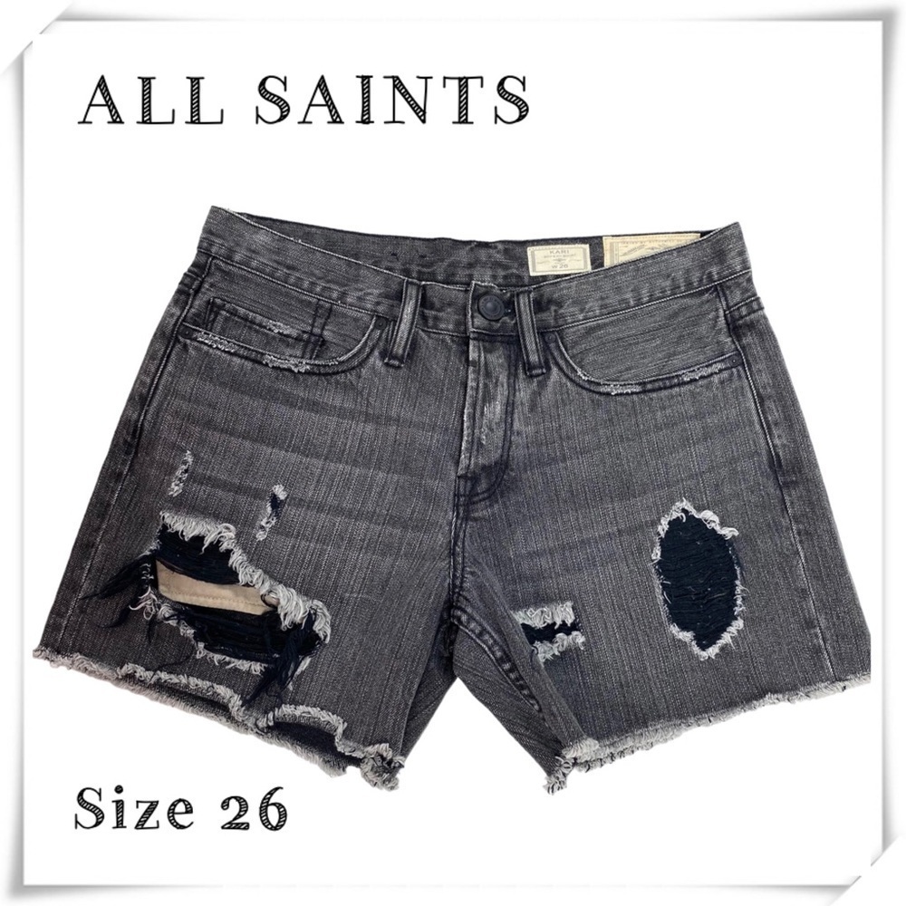 ALL Saints Kari Boy’s Fit Ripped Distressed Denim Shorts in Washed Black Size 26